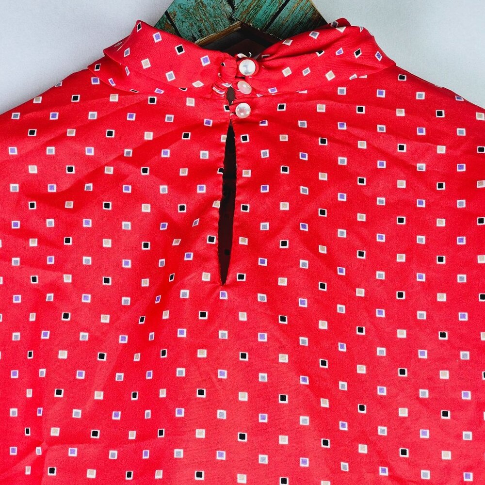 Vtg Lucky Me Loose Clergy Collar Neck Square Print Long Sleeve Silky Blouse, 38 - Picture 6 of 10